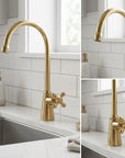 Unlacquered Solid Brass Gooseneck Kitchen Faucet with Cross Handles