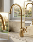 Unlacquered Solid Brass Gooseneck Kitchen Faucet with Cross Handles