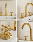 Unlacquered Brass Widespread Vanity Faucet with Cross Handles