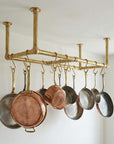 Unlacquered Brass Ceiling Pot Rack – Triple Rod Hanging Kitchen Rail With Hooks