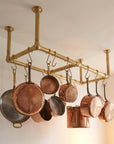 Unlacquered Brass Ceiling Pot Rack – Triple Rod Hanging Kitchen Rail With Hooks