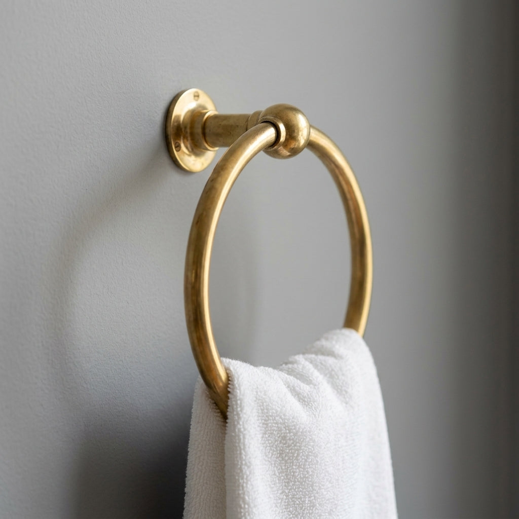 Unlacquered Brass Towel Ring: Vintage Wall Mounted Round Bathroom Holder