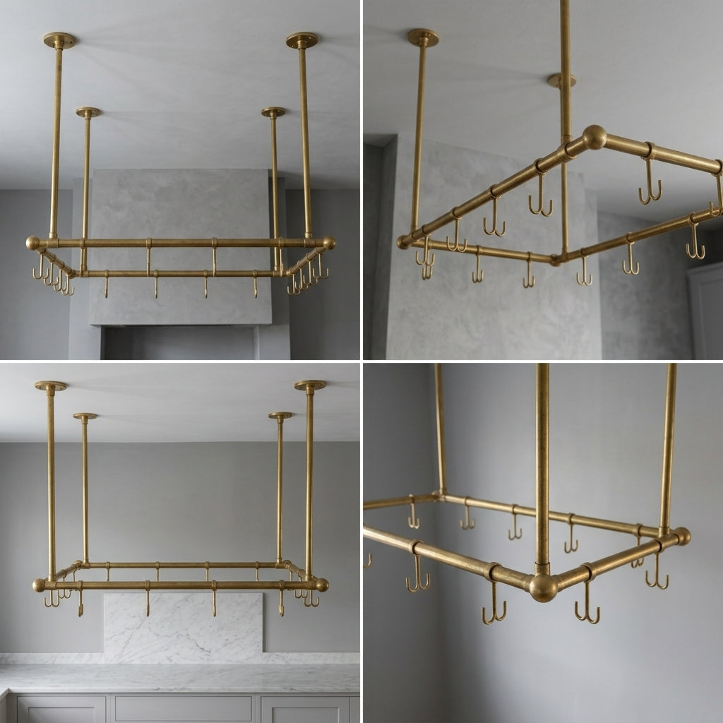 Artisan Solid Brass Ceiling Mount Pot Rail for Kitchen Island Storage