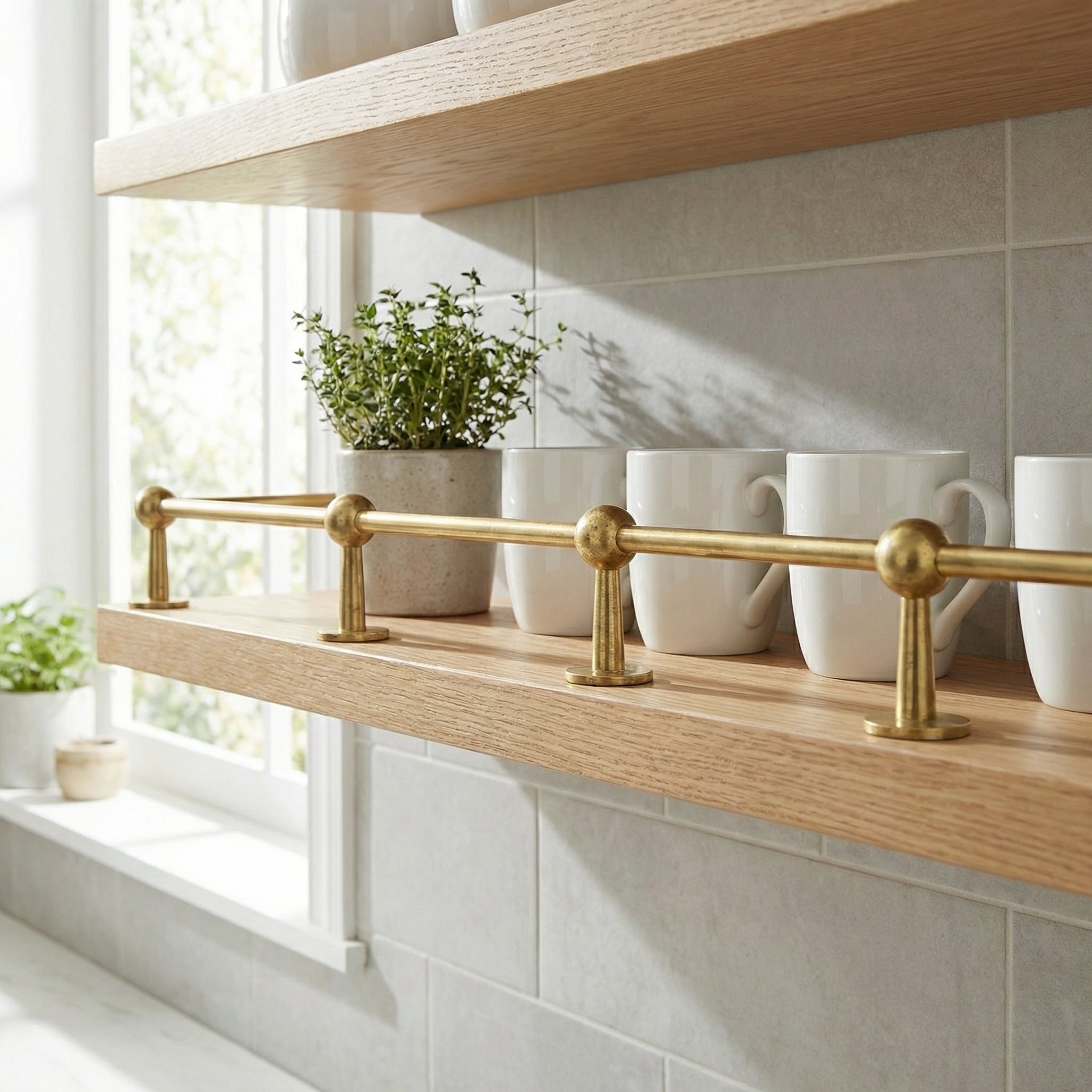 Unlacquered Brass Gallery Rail: Kitchen Shelf Safety Bar