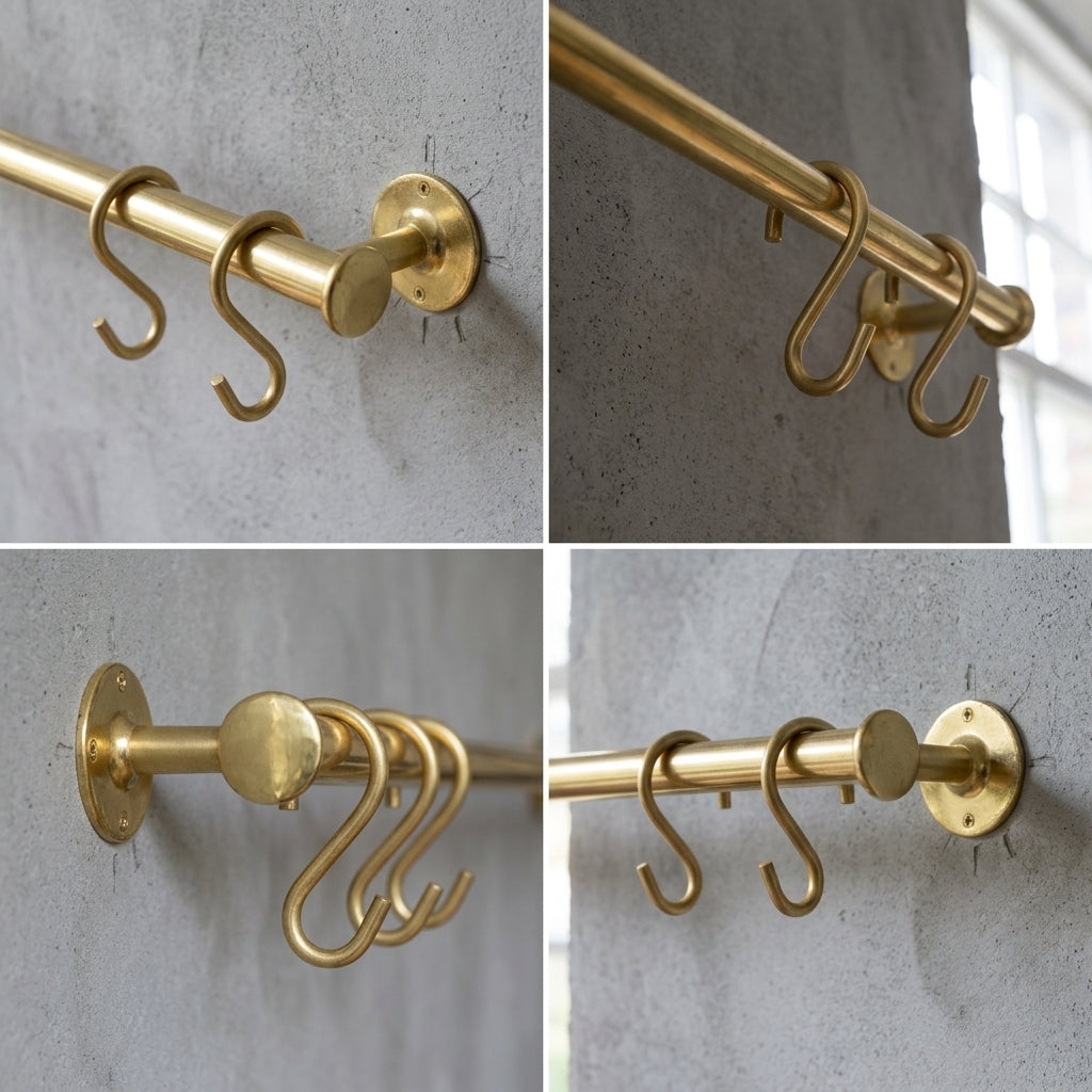 Unlacquered Brass Pot Rail – Solid Brass Wall Mounted Kitchen Hanging Bar with S Hooks