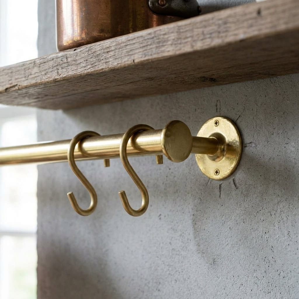 Unlacquered Brass Pot Rail – Solid Brass Wall Mounted Kitchen Hanging Bar with S Hooks