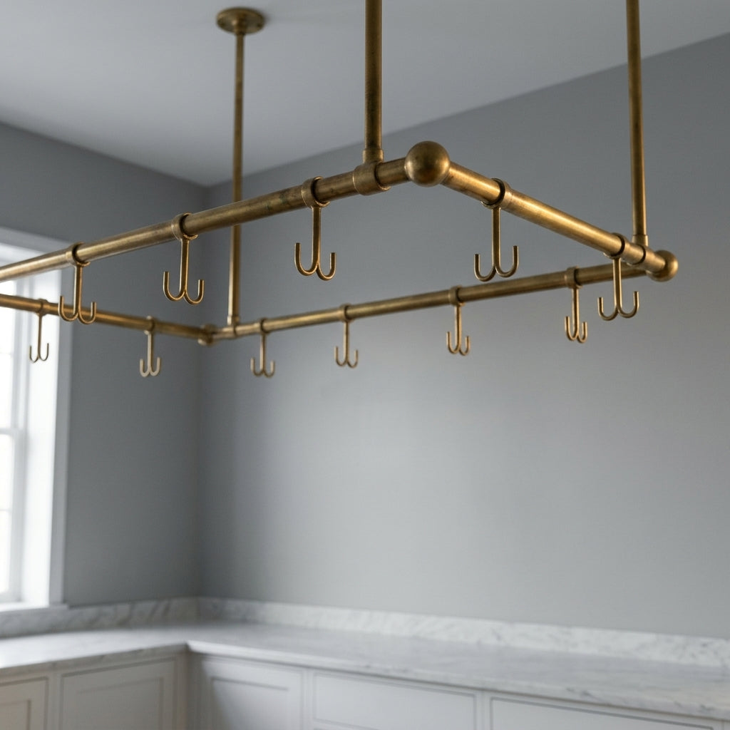 Artisan Solid Brass Ceiling Mount Pot Rail for Kitchen Island Storage