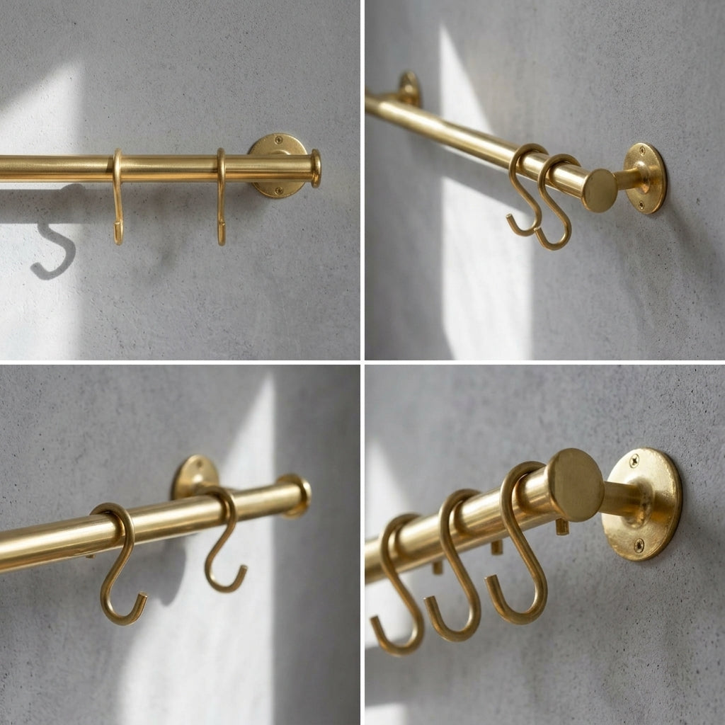 Unlacquered Brass Pot Rail – Solid Brass Wall Mounted Kitchen Hanging Bar with S Hooks