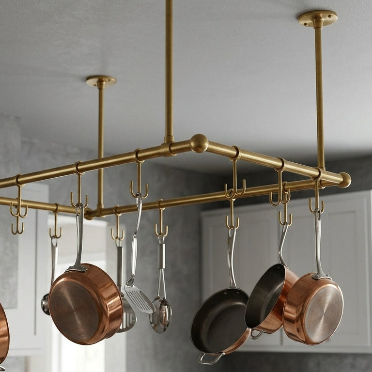 Artisan Solid Brass Ceiling Mount Pot Rail for Kitchen Island Storage