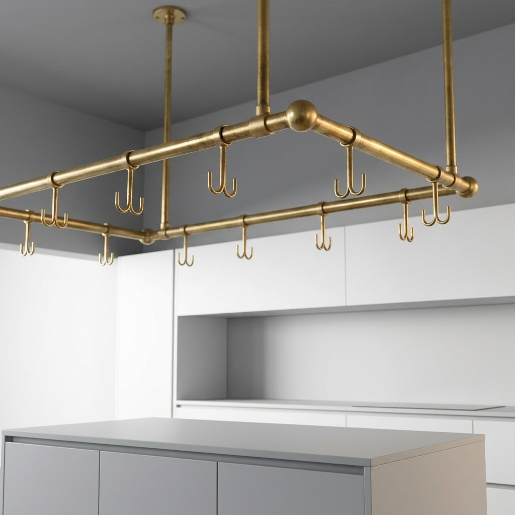 Artisan Solid Brass Ceiling Mount Pot Rail for Kitchen Island Storage