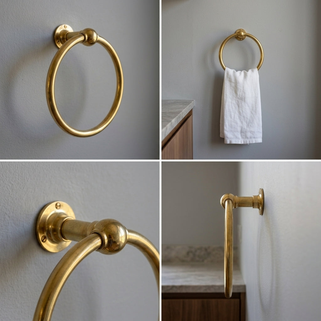 Unlacquered Brass Towel Ring: Vintage Wall Mounted Round Bathroom Holder