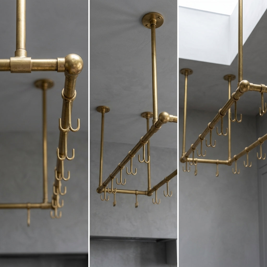 Artisan Solid Brass Ceiling Mount Pot Rail for Kitchen Island Storage