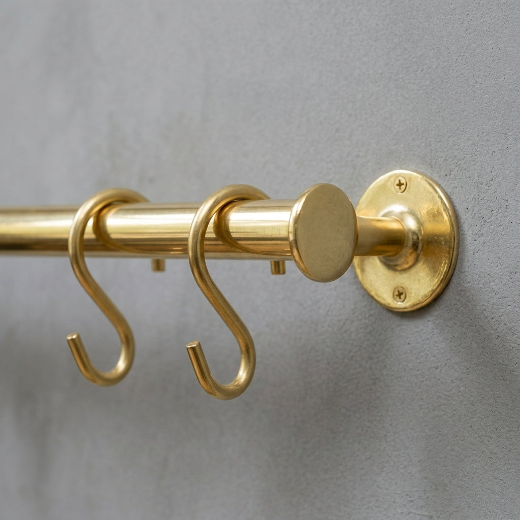 Unlacquered Brass Pot Rail – Solid Brass Wall Mounted Kitchen Hanging Bar with S Hooks