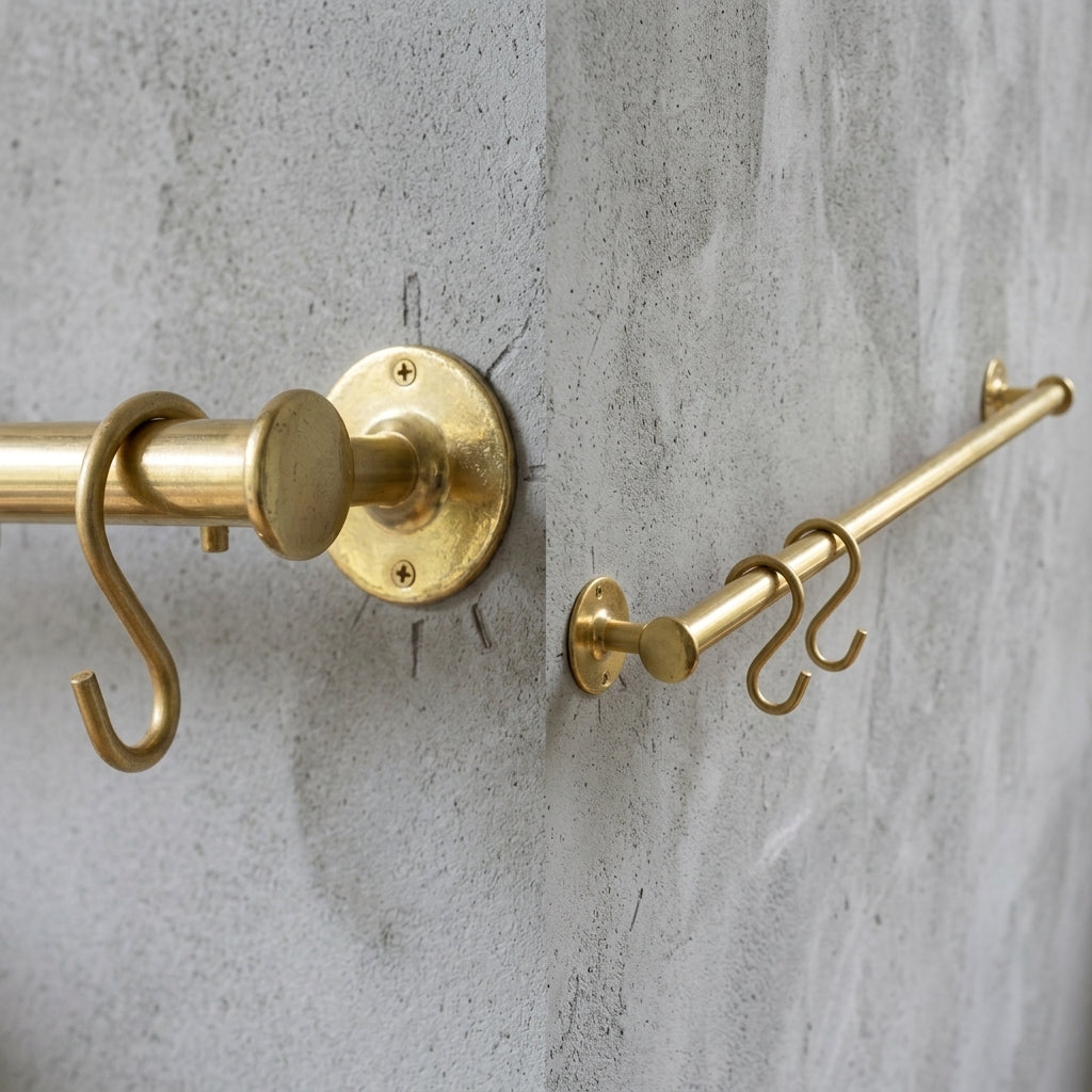 Unlacquered Brass Pot Rail – Solid Brass Wall Mounted Kitchen Hanging Bar with S Hooks