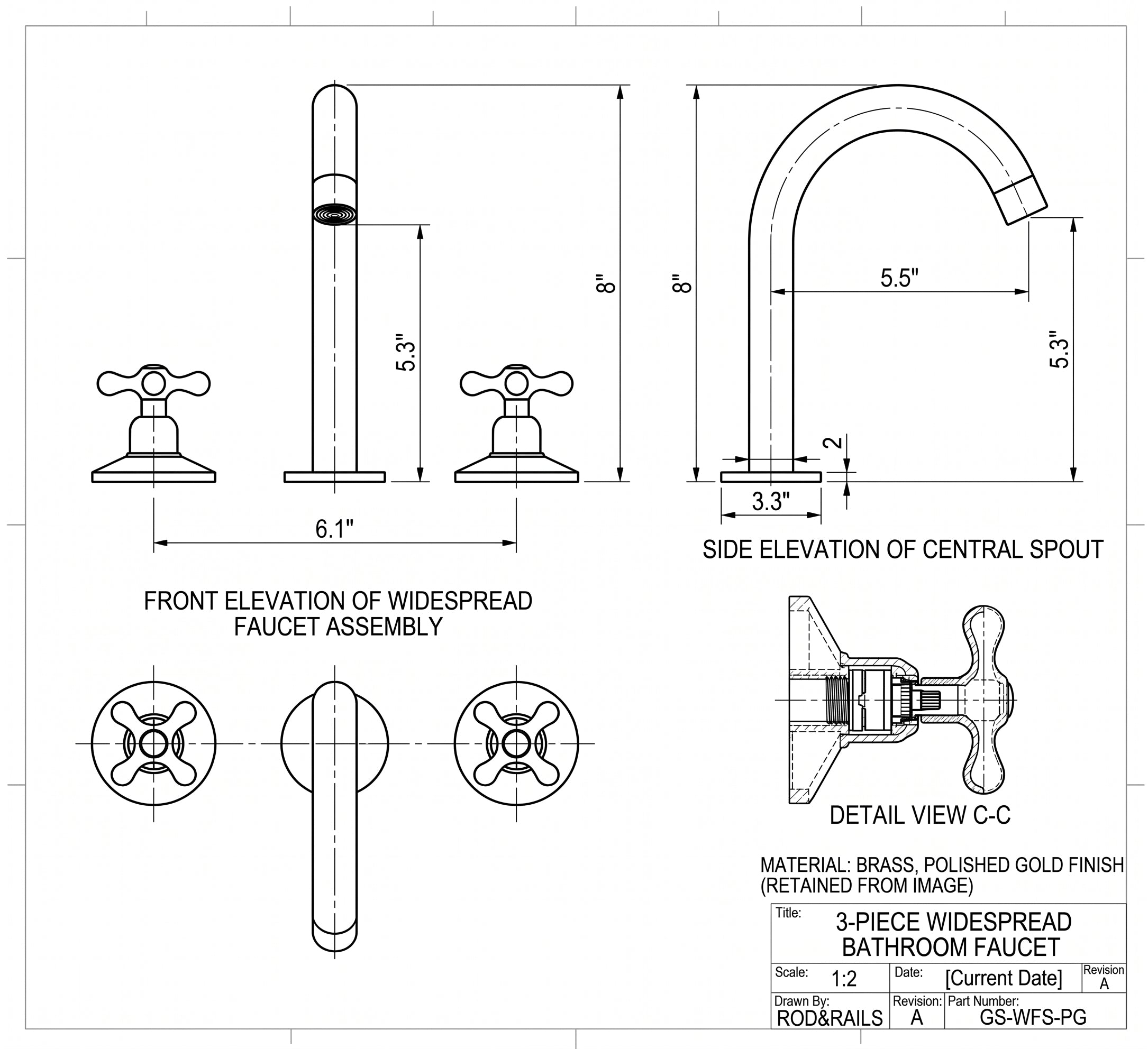 Unlacquered Brass Widespread Vanity Faucet with Cross Handles