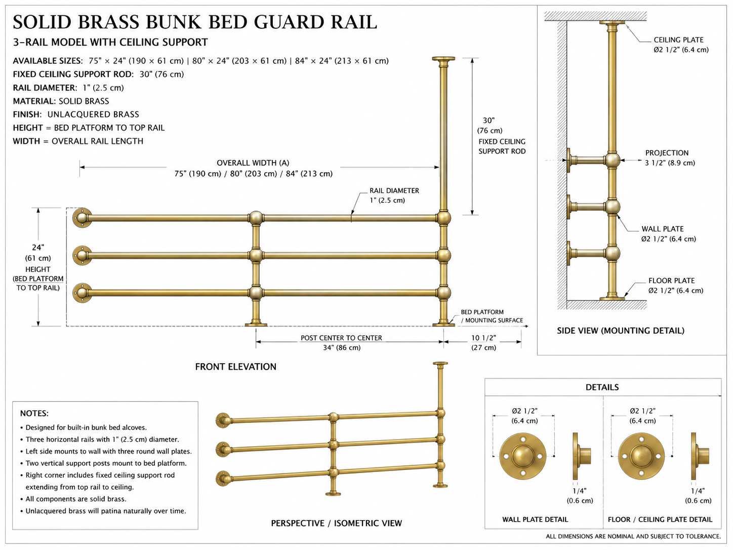Solid Brass Bunk Bed Guard Rail Set – Custom Built-In Bed Railing