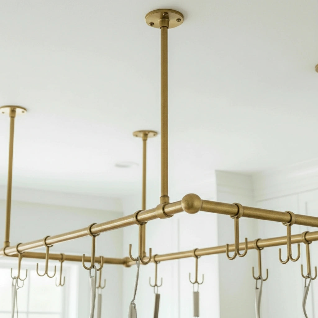 Artisan Solid Brass Ceiling Mount Pot Rail for Kitchen Island Storage