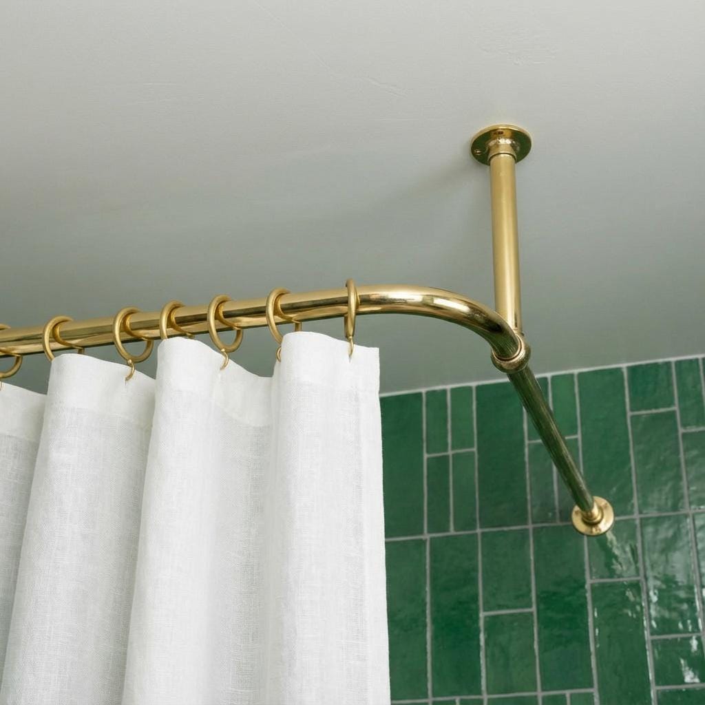 Premium Solid Brass L-Shaped Corner Shower Curtain Rod with Ceiling Support