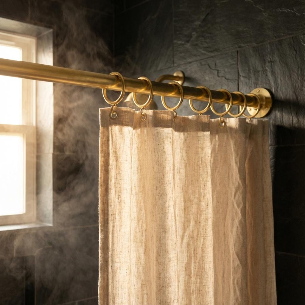 Unlacquered Brass Shower Rod: Wall Mount Bathroom Curtain Rail with Brass Rings for Walk-In image 4