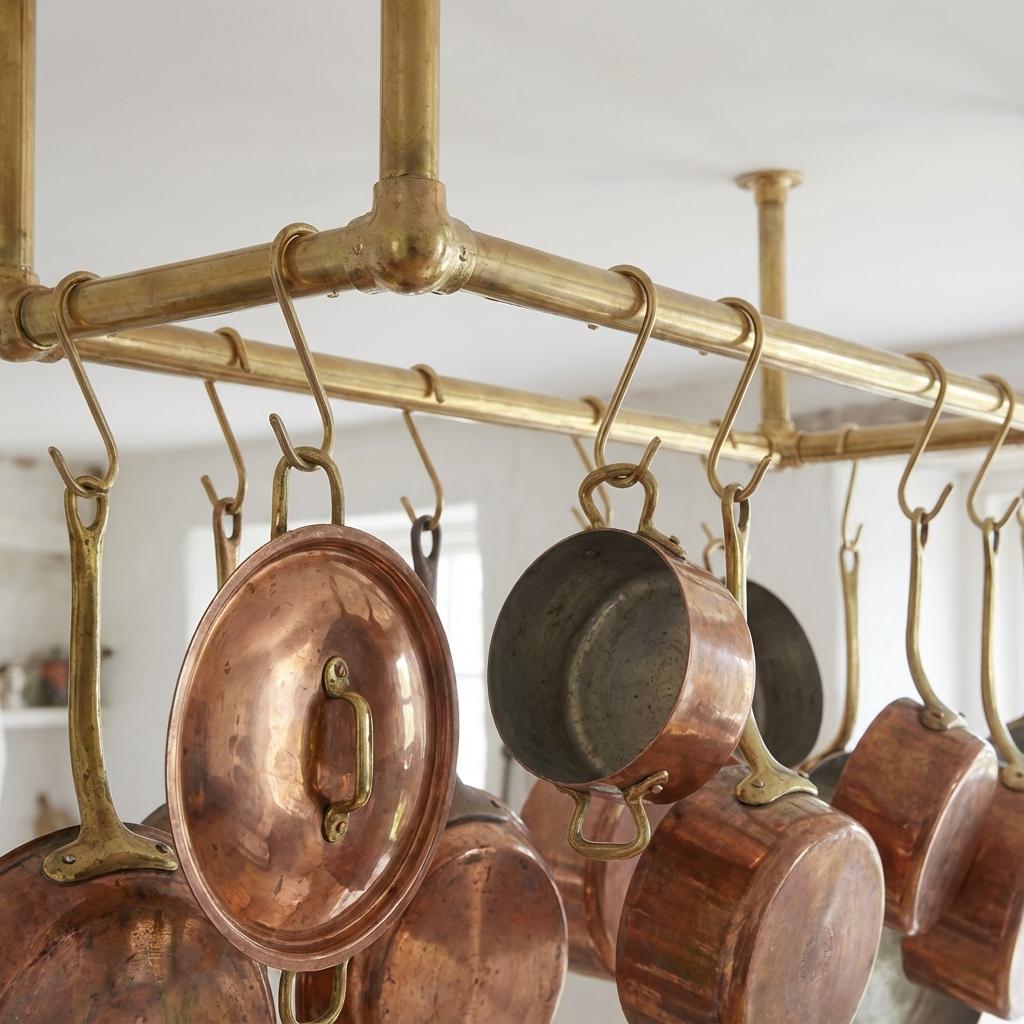 Brass Hanging Pot Rack – Ceiling Mounted Rail with Hooks