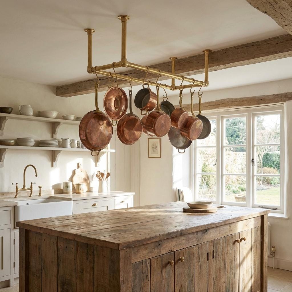 Brass Hanging Pot Rack – Ceiling Mounted Rail with Hooks
