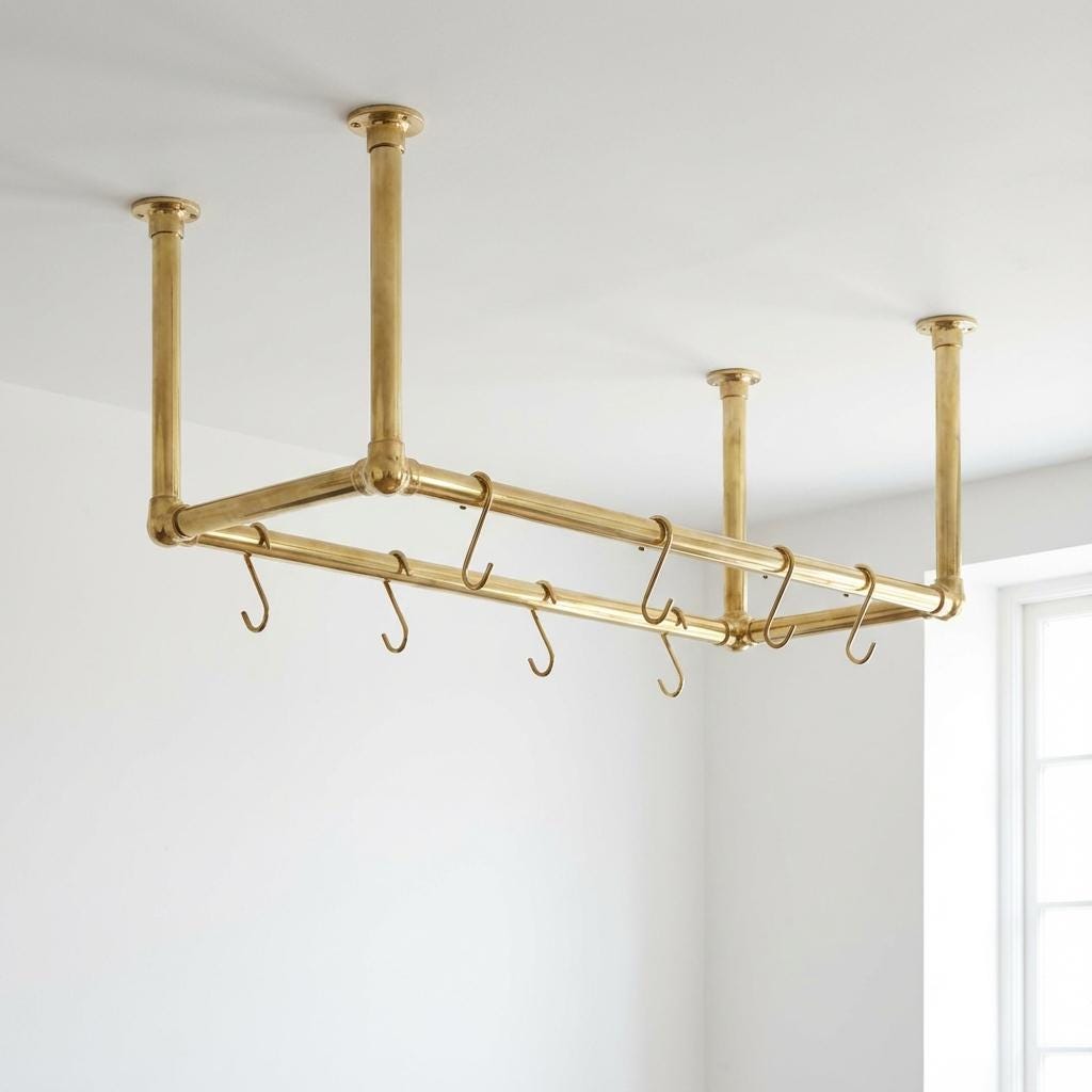 Brass Hanging Pot Rack – Ceiling Mounted Rail with Hooks