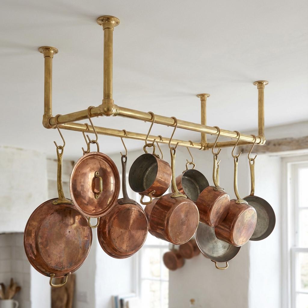 Brass Hanging Pot Rack – Ceiling Mounted Rail with Hooks