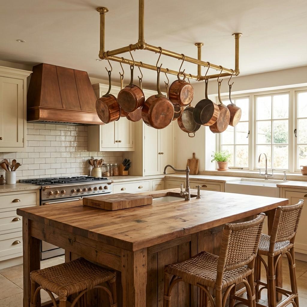 Brass Hanging Pot Rack – Ceiling Mounted Rail with Hooks