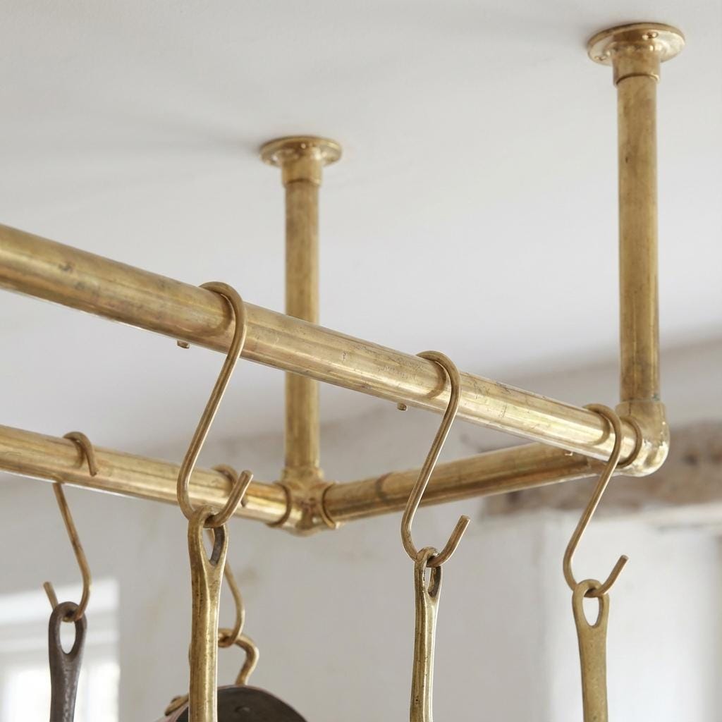 Unlacquered Brass Ceiling Pot Rack – Triple Rod Hanging Kitchen Rail With Hooks