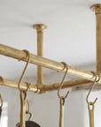 Unlacquered Brass Ceiling Pot Rack – Triple Rod Hanging Kitchen Rail With Hooks