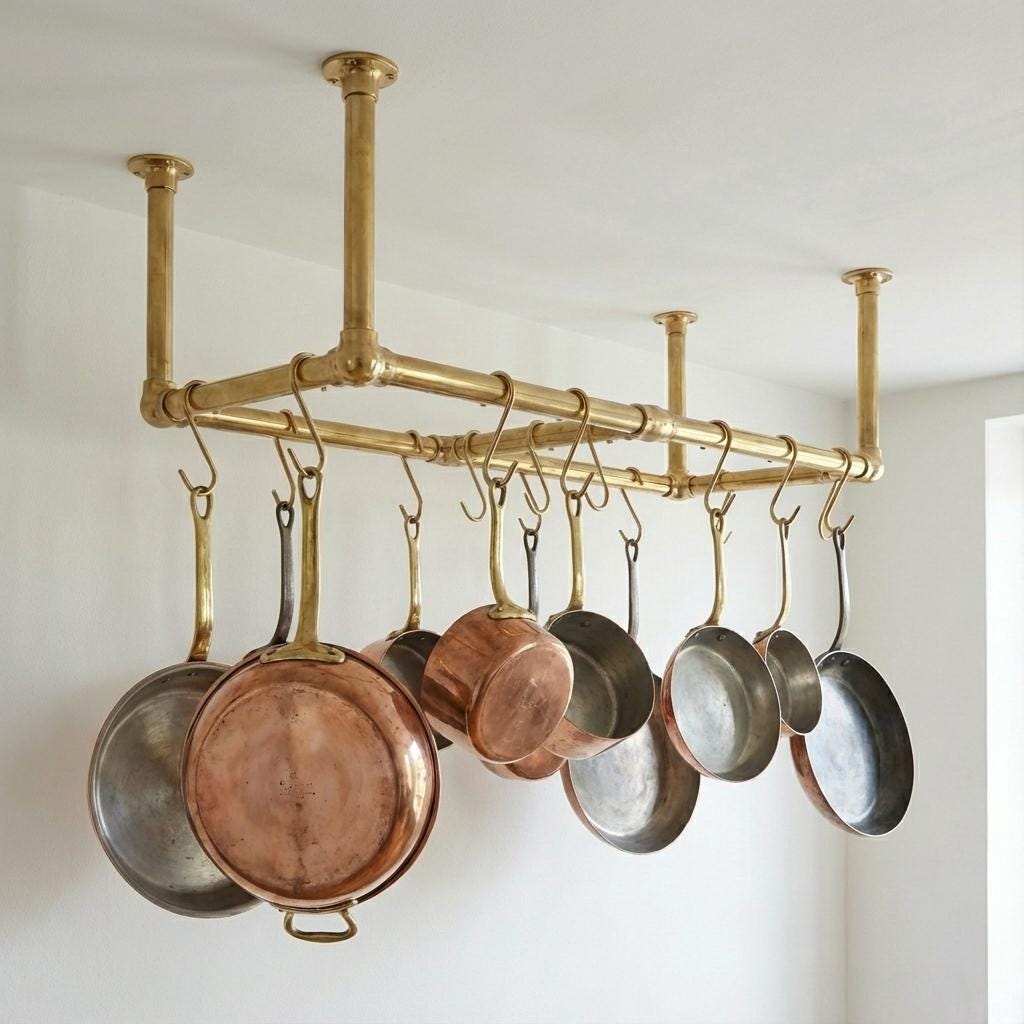 Unlacquered Brass Ceiling Pot Rack – Triple Rod Hanging Kitchen Rail With Hooks