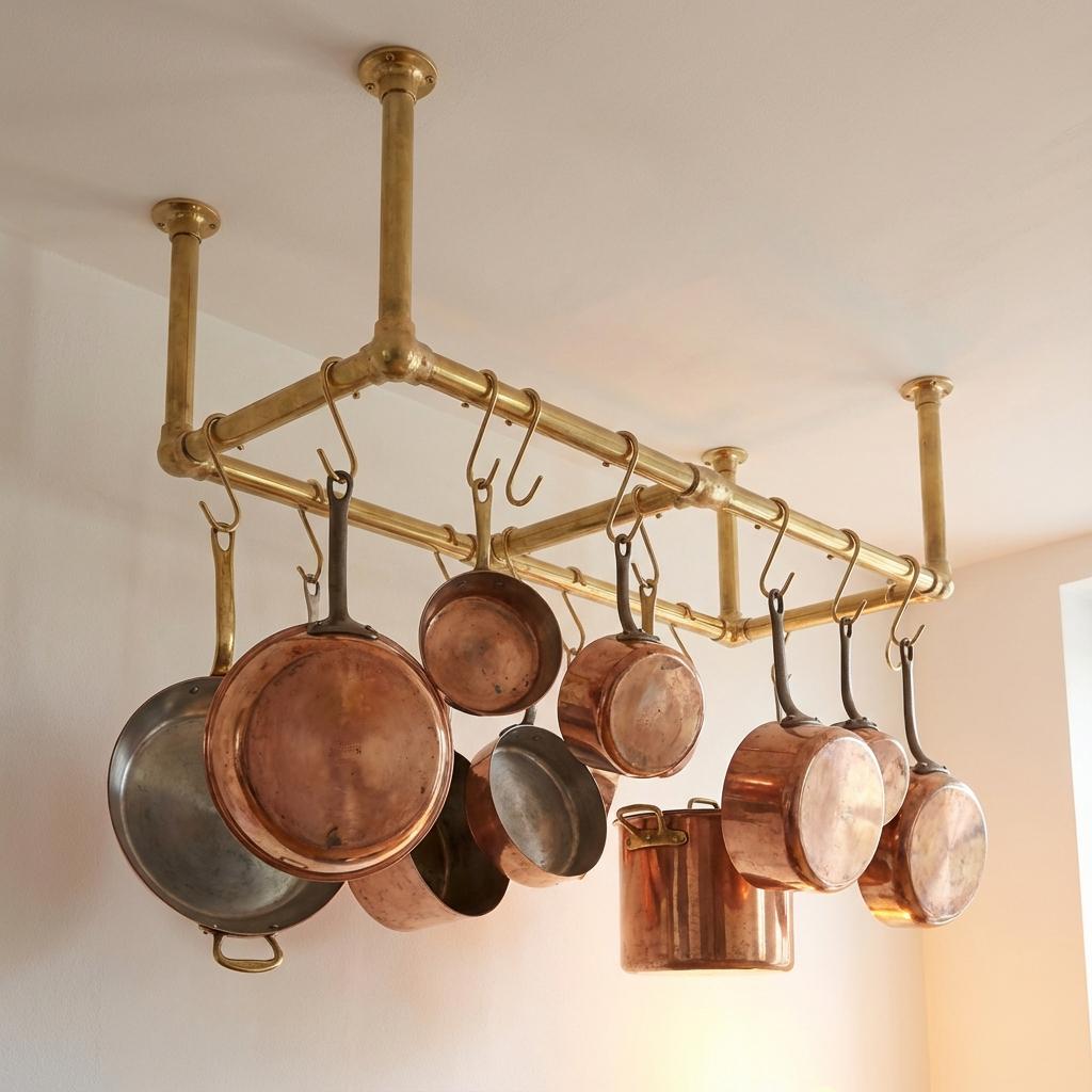 Unlacquered Brass Ceiling Pot Rack – Triple Rod Hanging Kitchen Rail With Hooks