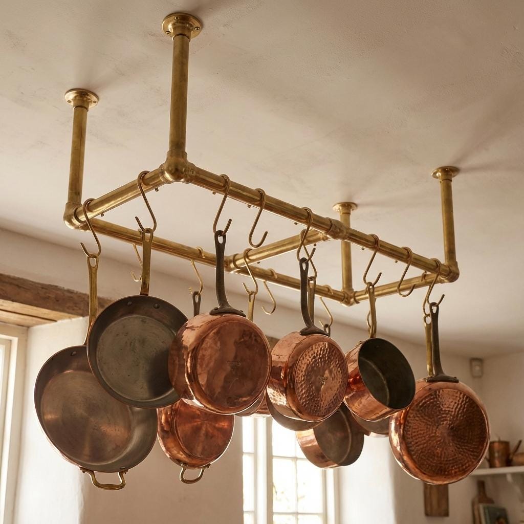 Unlacquered Brass Ceiling Pot Rack – Triple Rod Hanging Kitchen Rail With Hooks