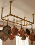 Unlacquered Brass Ceiling Pot Rack – Triple Rod Hanging Kitchen Rail With Hooks