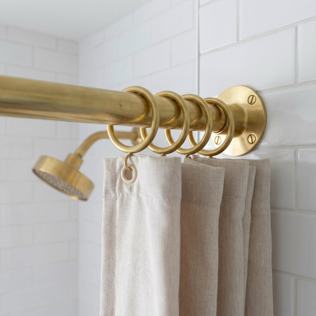 Unlacquered Brass Shower Rod: Wall Mount Bathroom Curtain Rail with Brass Rings for Walk-In image 6