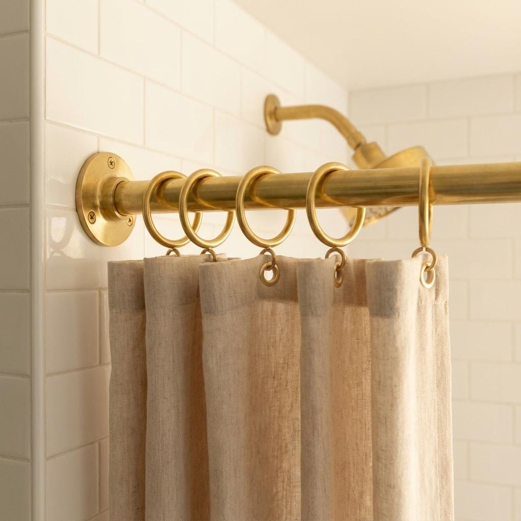 Unlacquered Brass Shower Rod: Wall Mount Bathroom Curtain Rail with Brass Rings for Walk-In
