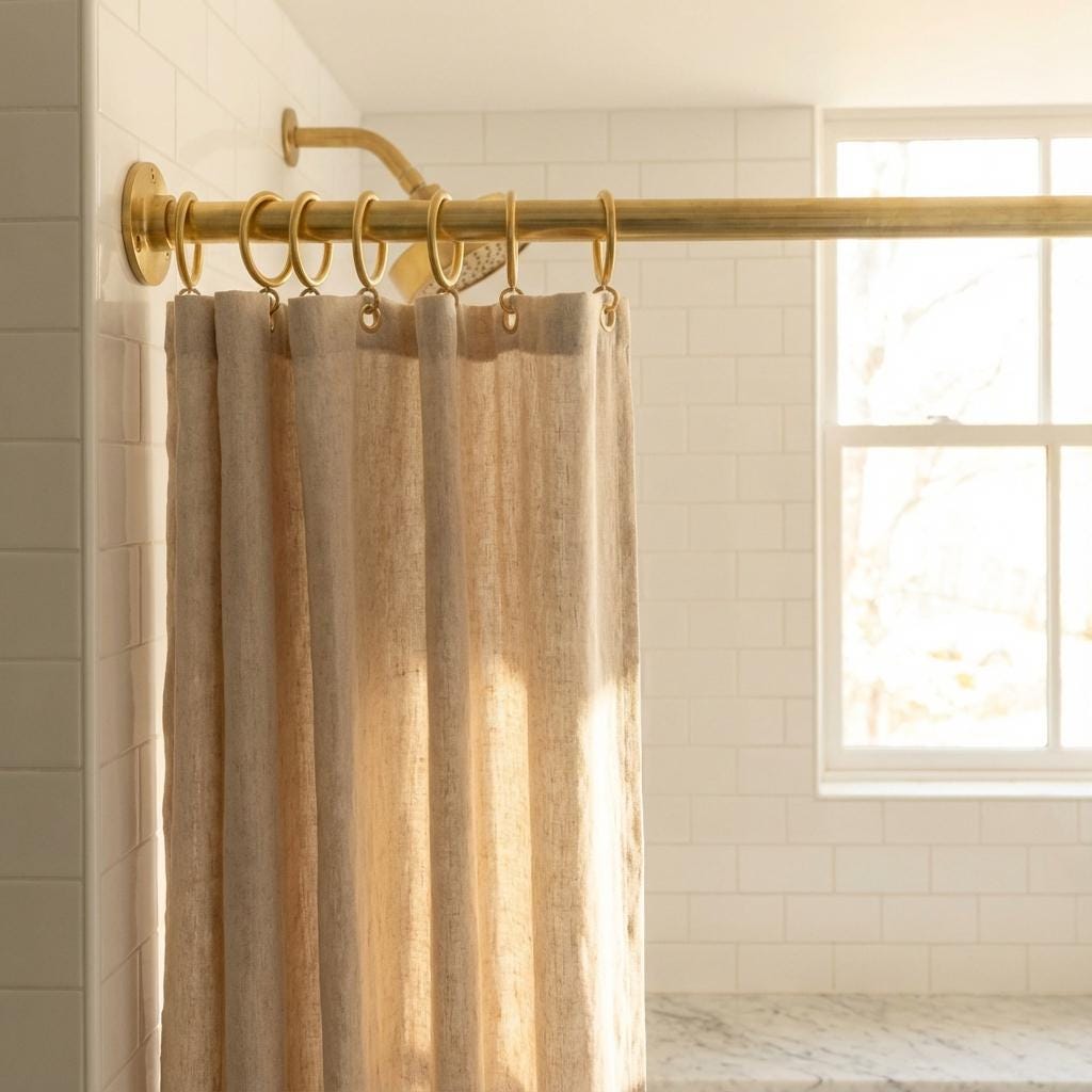 Unlacquered Brass Shower Rod: Wall Mount Bathroom Curtain Rail with Brass Rings for Walk-In