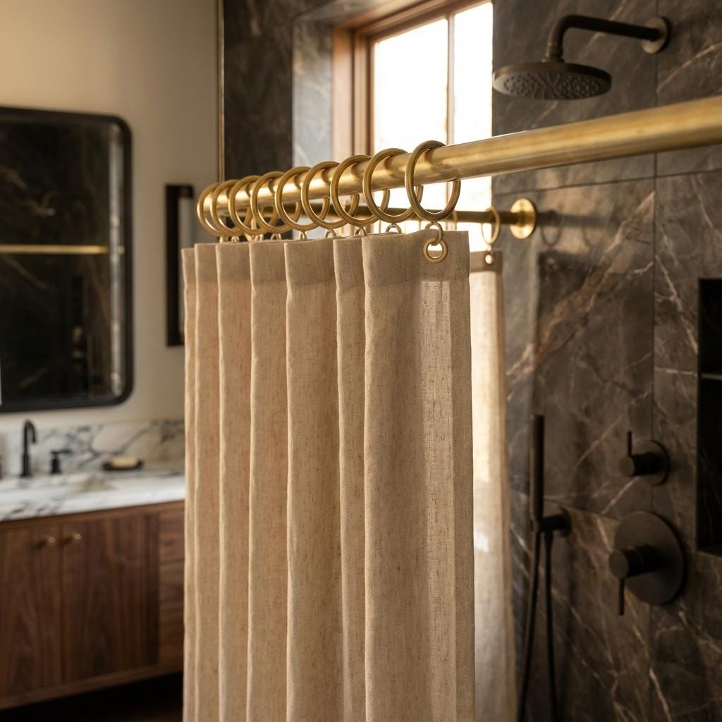 Unlacquered Brass Shower Rod: Wall Mount Bathroom Curtain Rail with Brass Rings for Walk-In image 2