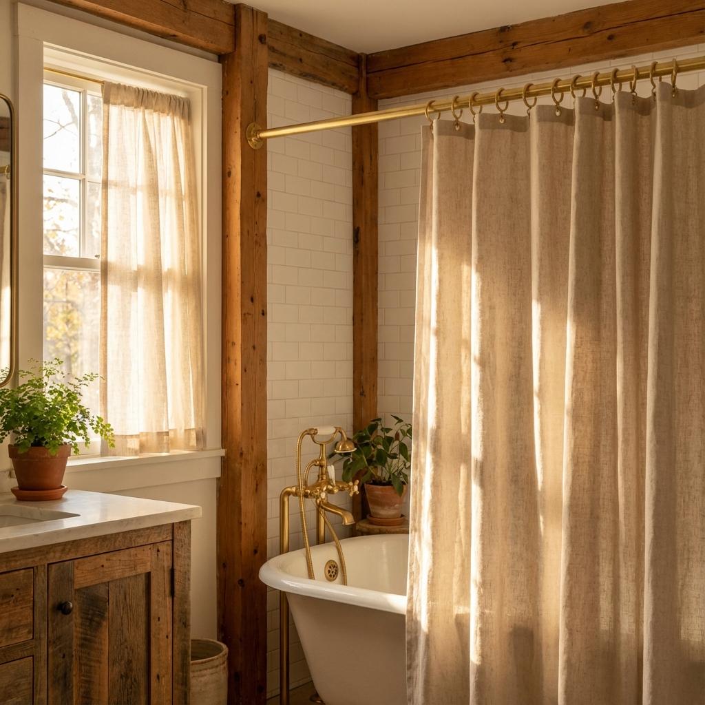 Unlacquered Brass Shower Rod: Wall Mount Bathroom Curtain Rail with Brass Rings for Walk-In