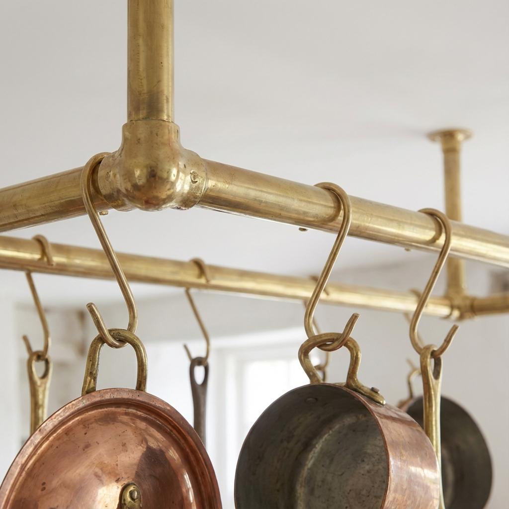 Brass Hanging Pot Rack – Ceiling Mounted Rail with Hooks