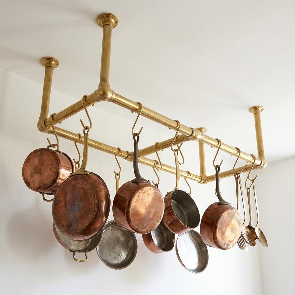 Unlacquered Brass Ceiling Pot Rack – Triple Rod Hanging Kitchen Rail With Hooks