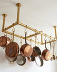 Unlacquered Brass Ceiling Pot Rack – Triple Rod Hanging Kitchen Rail With Hooks