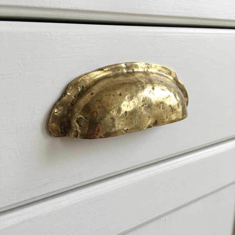 Unlacquered Solid Brass Cup Pull: Handmade Hammered Bin Handle