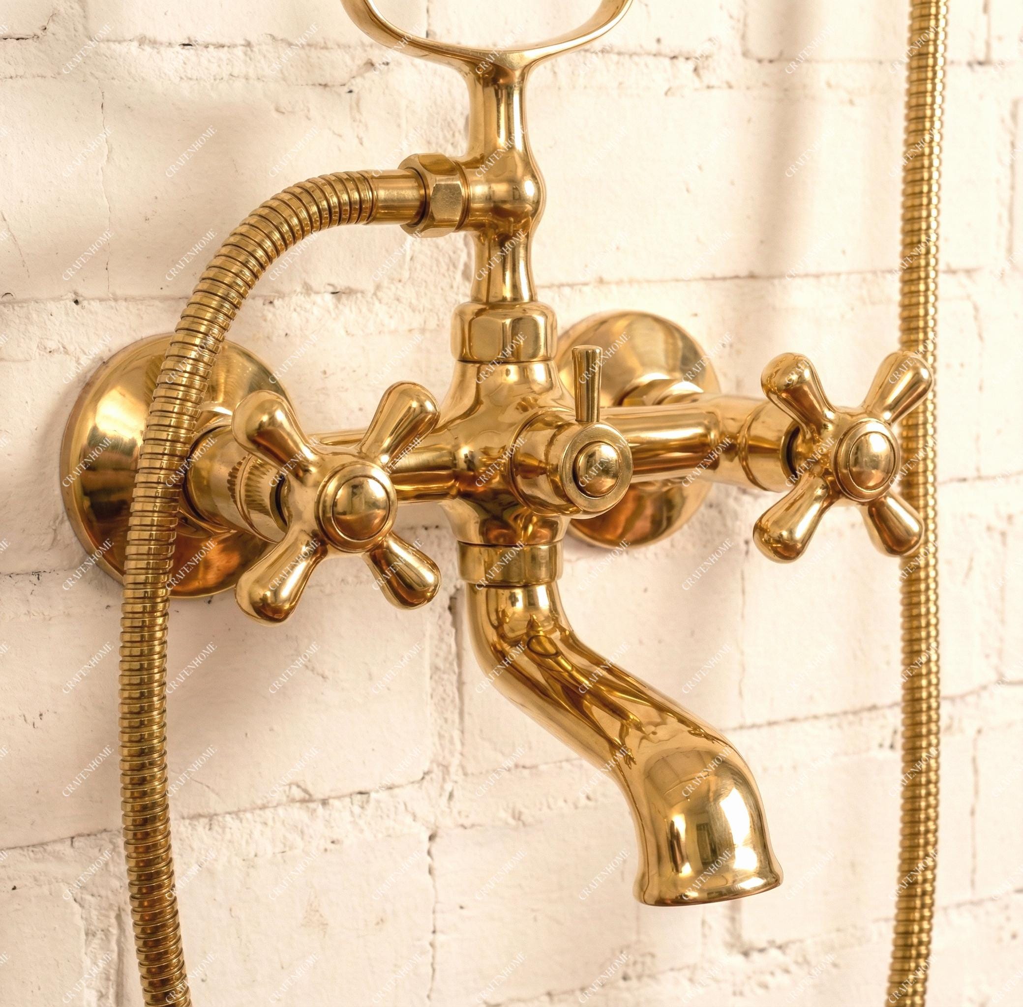 Unlacquered Brass Wall Mounted Tub Faucet Handheld Shower Clawfoot Style