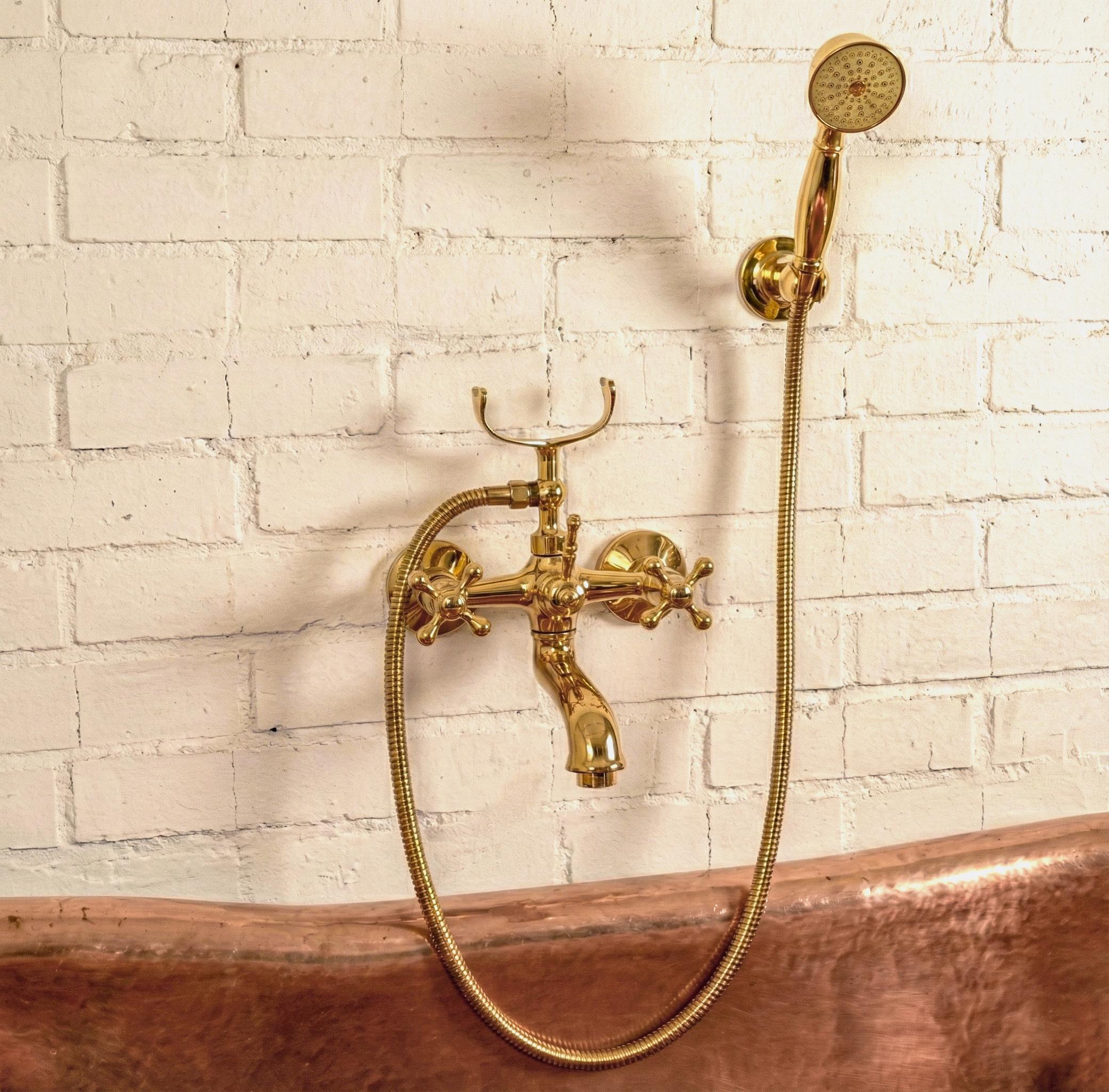Unlacquered Brass Wall Mounted Tub Faucet Handheld Shower Clawfoot Style