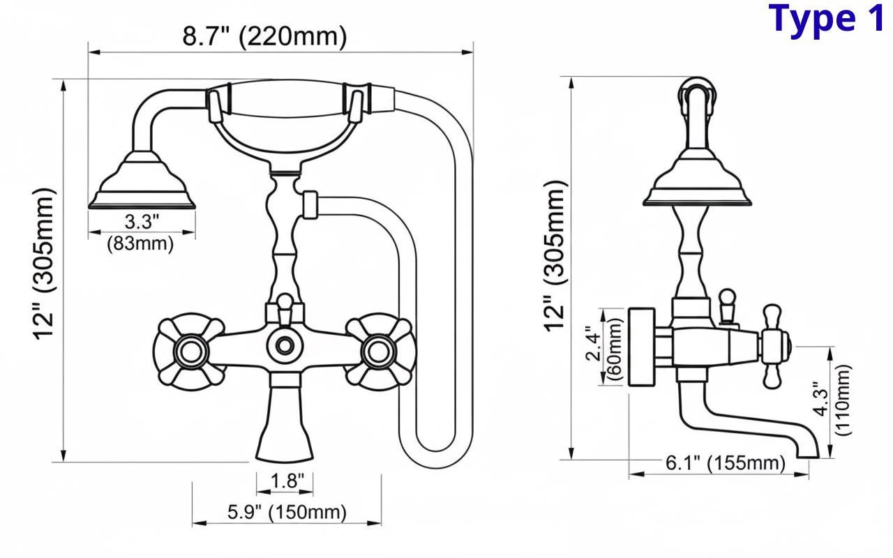 Unlacquered Brass Wall Mounted Tub Faucet Handheld Shower Clawfoot Style
