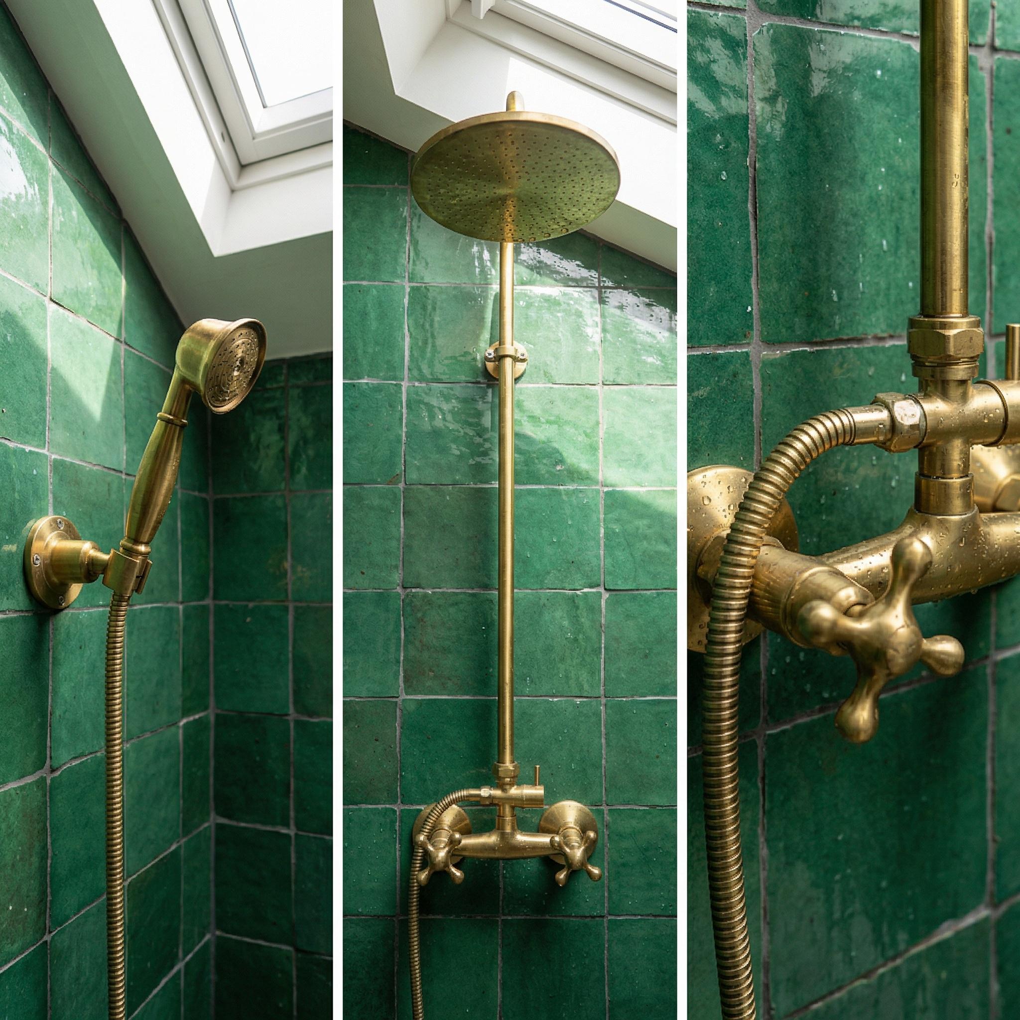 Unlacquered Brass Wall Mount Shower Set: Exposed Shower System with Round Rain Head