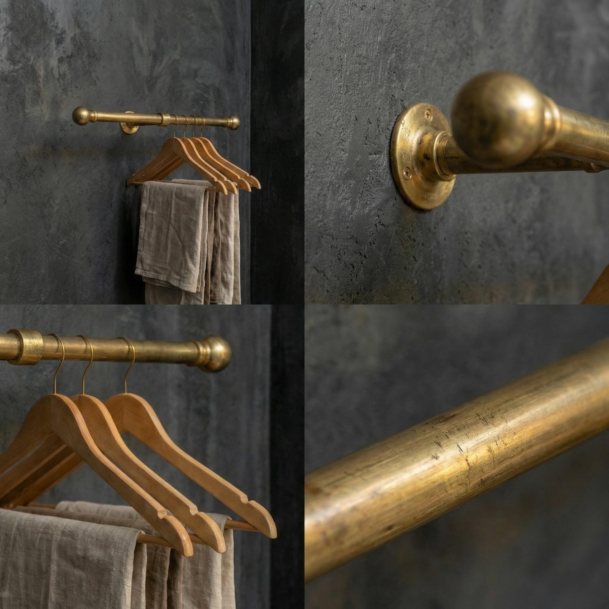 Unlacquered Wall Mount Brass Clothes Rail: Vintage Industrial Closet Hanging Bar