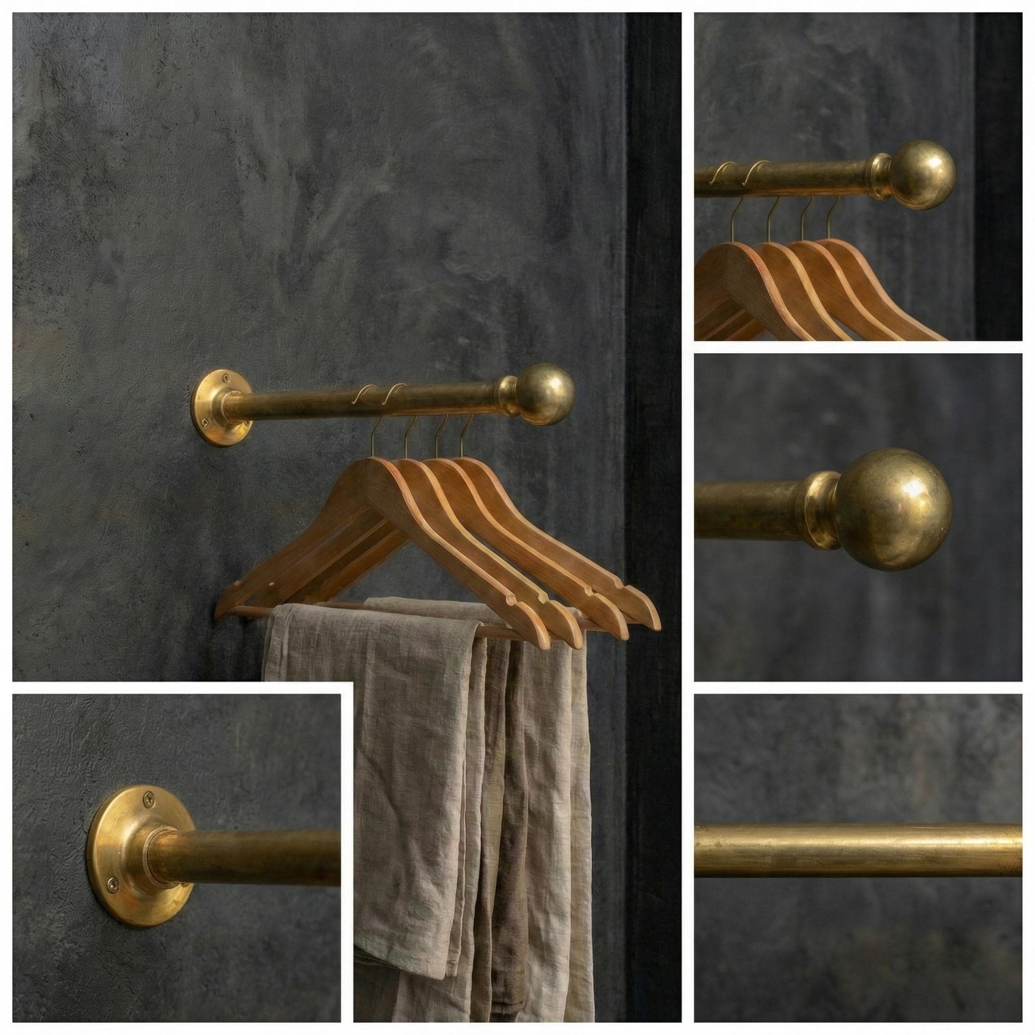 Unlacquered Wall Mount Brass Clothes Rack: Vintage Industrial Closet Hanging Bar