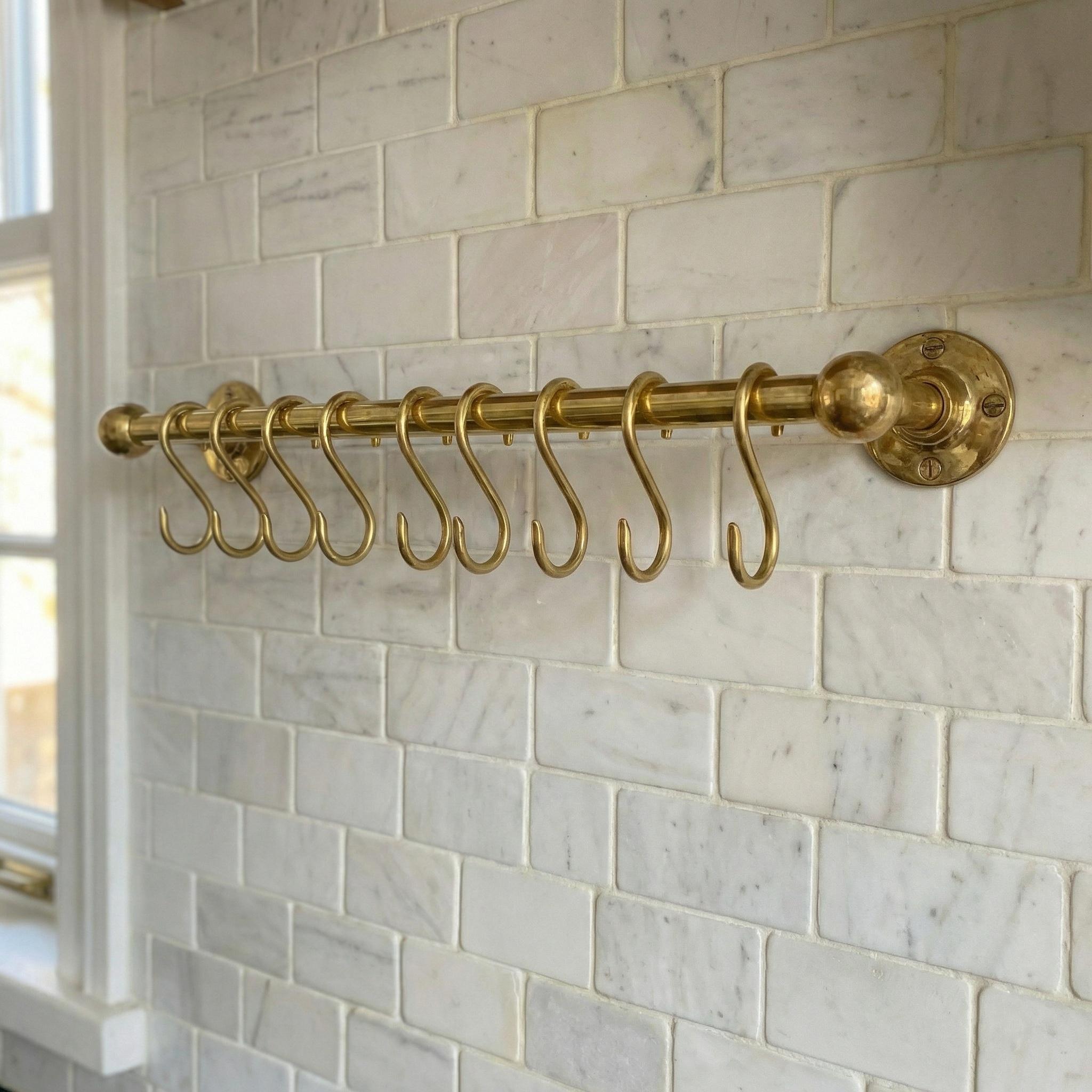 Unlacquered Brass Kitchen Rail: Handmade Wall Mounted Pot Rack with Hooks